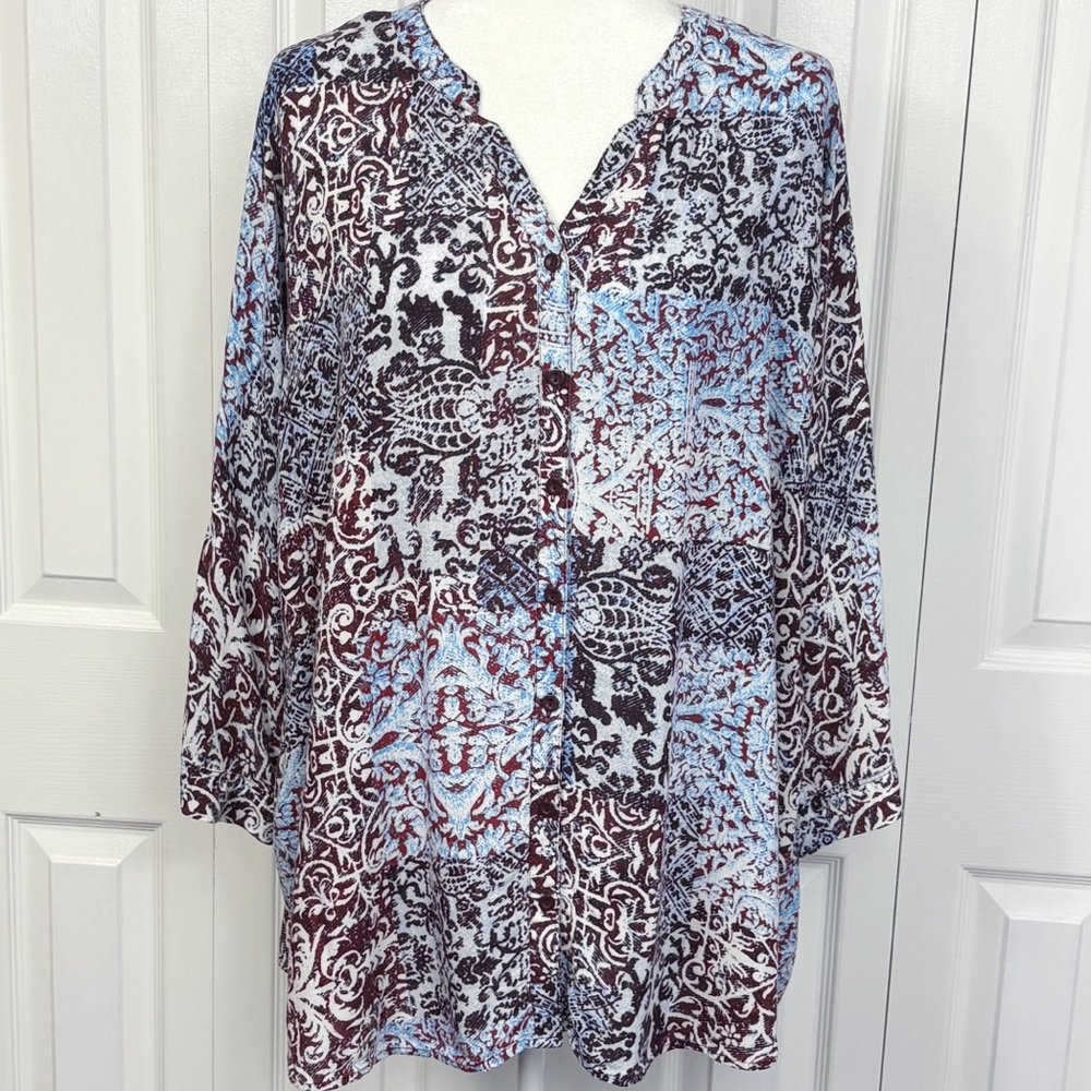 Catherines Light Blue Multi Boho Patchwork V-Neck Button Down Shirt 1X